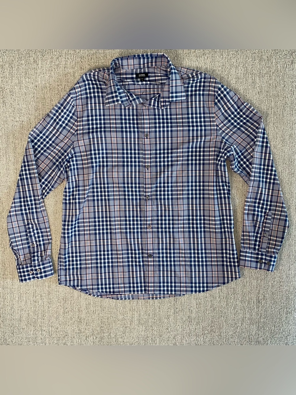 Express Men's Blue and White Plaid Dress Shirt